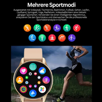 Smartwatch mit Sportmodi, goldfarben, Fitness-Tracking, Icons, Frau beim Laufen, Nacht.
