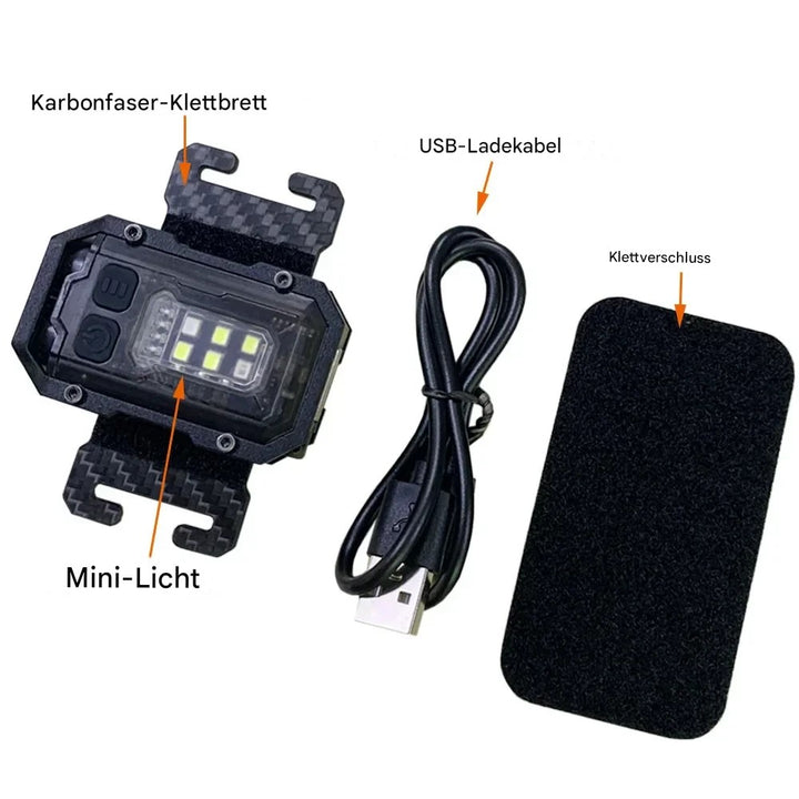 Mini-LED-Licht mit Karbonfaser-Klettbrett, USB-Ladekabel und Klettverschluss, schwarz.