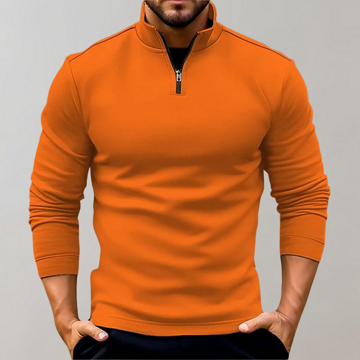 Orange Herrenpullover mit Reißverschluss, Langarm, modisch, bequem, Freizeitkleidung.