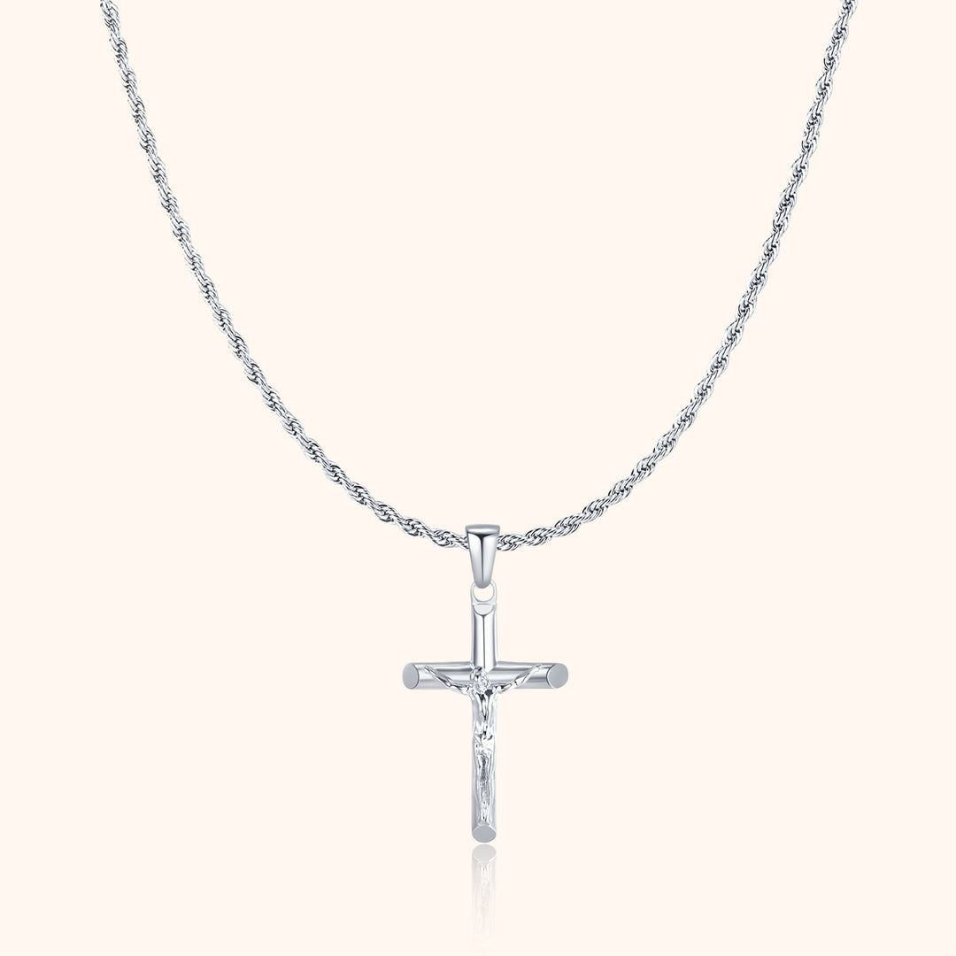 Silberne Kreuzkette, Jesus-Anhänger, religiöser Schmuck, elegantes Design, Herren- und Damenschmuck.
