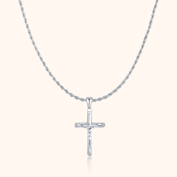 Silberne Kreuzkette, Jesus-Anhänger, religiöser Schmuck, elegantes Design, Herren- und Damenschmuck.