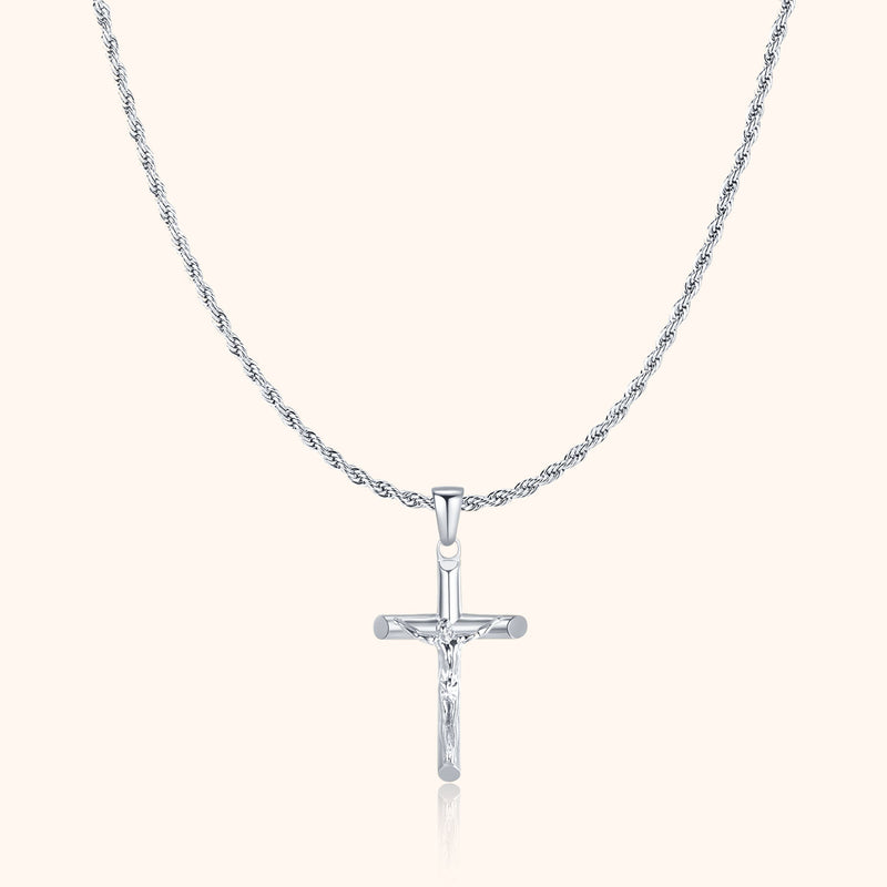 Silberne Kreuzkette, Jesus-Anhänger, religiöser Schmuck, elegantes Design, Herren- und Damenschmuck.