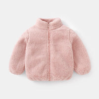 Rosa Plüschjacke für Kinder, warm, Reißverschluss, Wintermode, weiches Material.