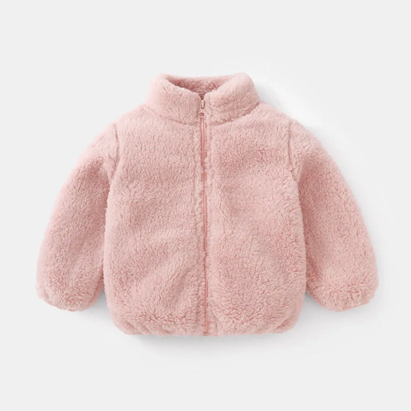 Rosa Plüschjacke für Kinder, warm, Reißverschluss, Wintermode, weiches Material.