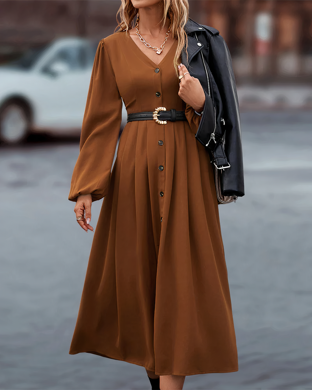 Maxi Herbstkleid mit Knopfverschluss – Amira