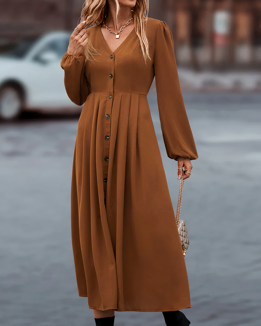 Maxi Herbstkleid mit Knopfverschluss – Amira