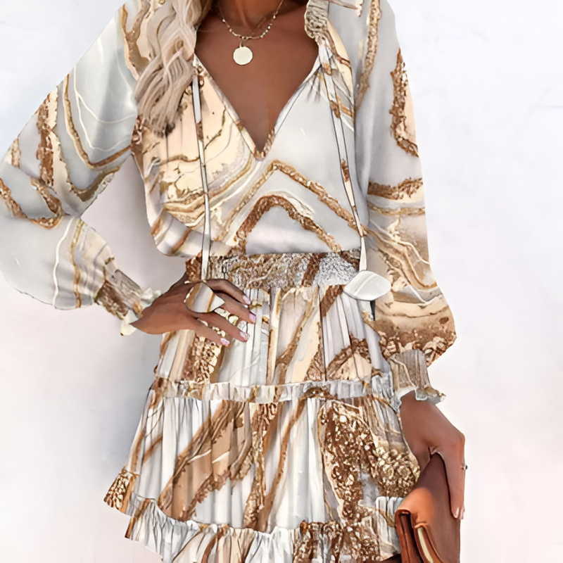 Herbstliches Kleid mit Druck und Rüschen – Lina