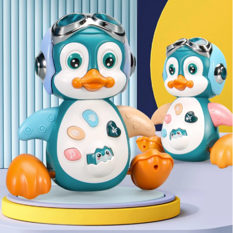 Spielzeug-Pinguin mit Musikfunktion, blau-orange, interaktiv, Kinderlernspielzeug, Kunststoff.