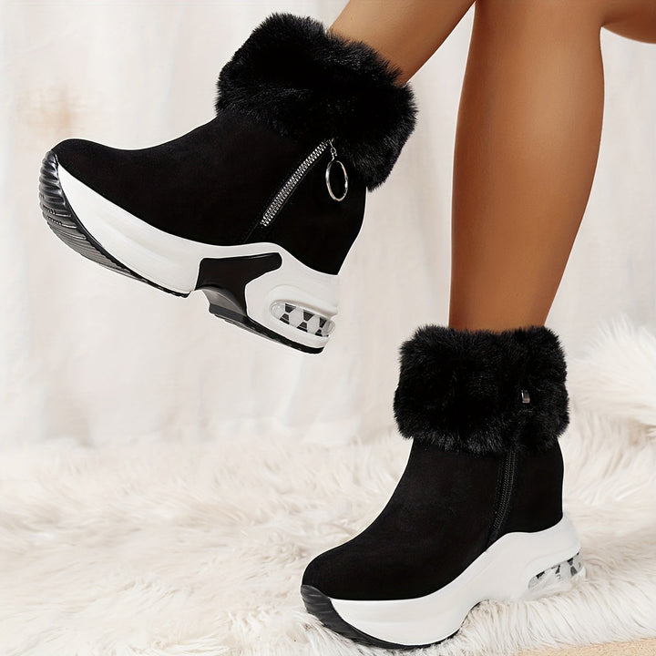 Schwarze Ankle Boots mit Fellbesatz, Plateau-Sohle, Reißverschluss, Damenmode, Winterstiefel.