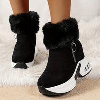 Schwarze Ankle Boots mit Fellbesatz, Keilabsatz, Damenmode, Winterstiefel, stilvoll.