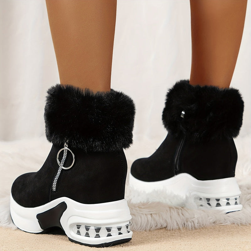 Schwarze Ankle Boots mit Fellbesatz und Keilabsatz, Damenmode, Winterstiefel, stilvoll.