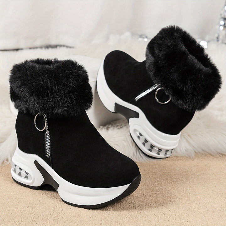 Schwarze Ankle Boots mit Fellbesatz, Reißverschluss, Plateau-Sohle, Damenmode, Winterstiefel.