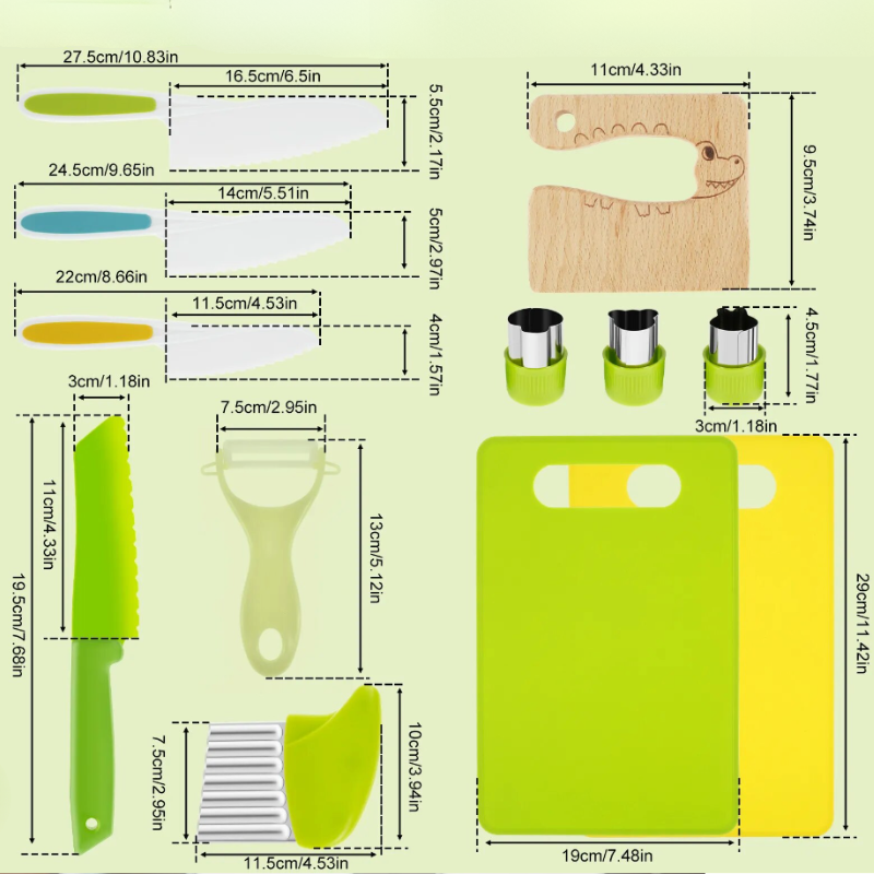 Küchenmesser-Set mit Schneidebrett, grün, Kunststoff, ideal für Gemüse, inklusive Schäler.