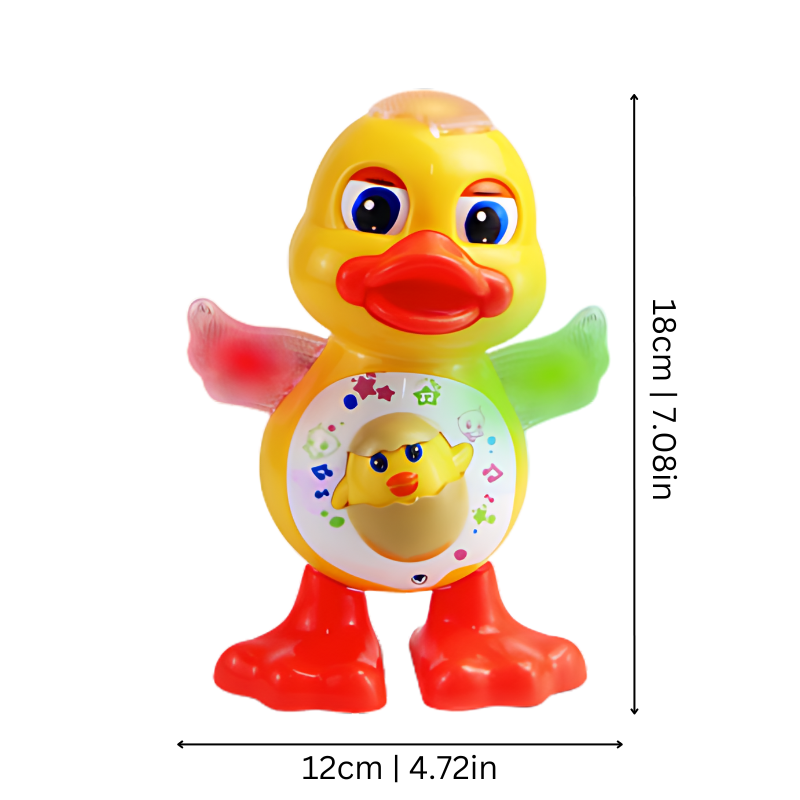 Gelbes Spielzeug-Ente mit Musikfunktion, 18cm hoch, leuchtende Flügel, Kinder-Geschenk.