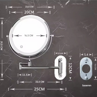 Verstellbarer runder Kosmetikspiegel mit LED, Wandmontage, Chrom, 20 cm Durchmesser.