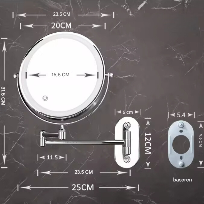 Verstellbarer runder Kosmetikspiegel mit LED, Wandmontage, Chrom, 20 cm Durchmesser.