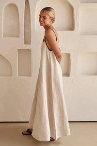 Ärmelloses Beiges Boho Maxi Kleid im Leinen-Look – Elin