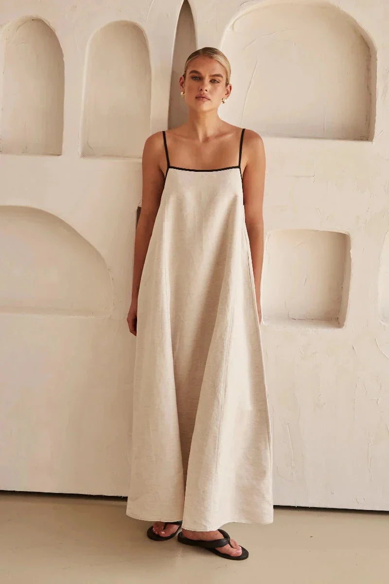 Ärmelloses Beiges Boho Maxi Kleid im Leinen-Look – Elin