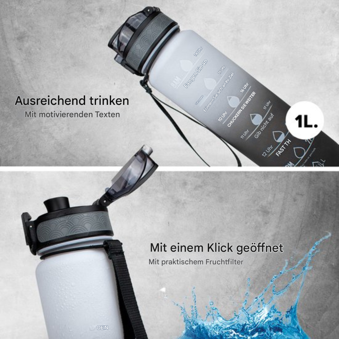 Motivations-Wasserflasche 1L mit Zeitmarkierungen, Trinkhalm, Fruchtfilter, auslaufsicher.