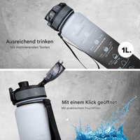Motivations-Wasserflasche 1L mit Zeitmarkierungen, Trinkhalm, Fruchtfilter, auslaufsicher.
