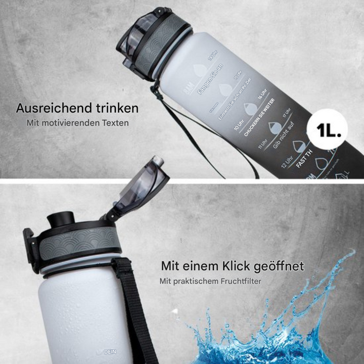 Motivations-Wasserflasche 1L mit Zeitmarkierungen, Trinkhalm, Fruchtfilter, auslaufsicher.