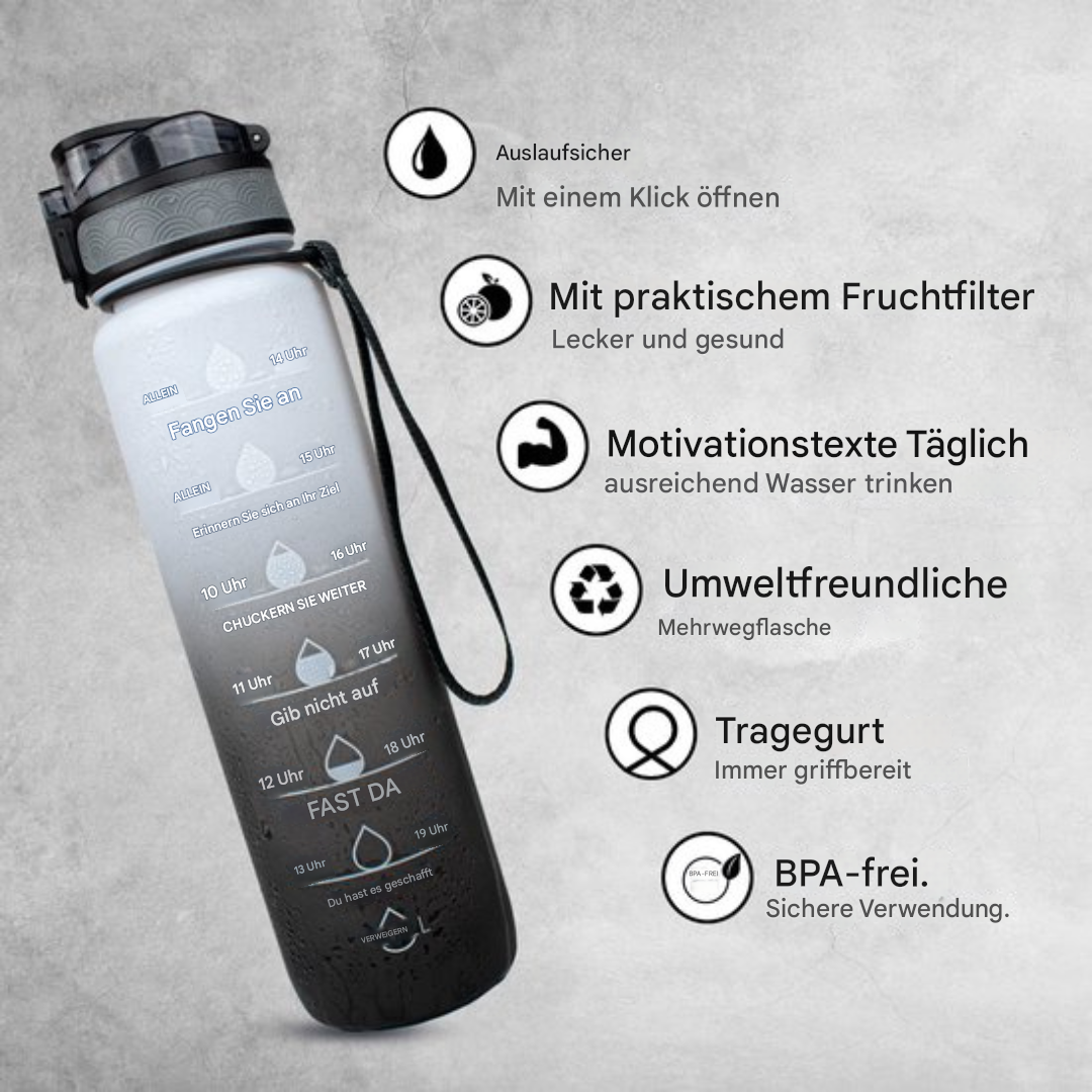 Motivations-Wasserflasche mit Zeitmarkierungen, Fruchtfilter, BPA-frei, umweltfreundlich, schwarz.