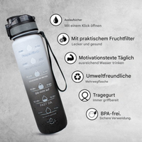 Motivations-Wasserflasche mit Zeitmarkierungen, Fruchtfilter, BPA-frei, umweltfreundlich, schwarz.