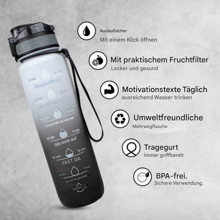 Motivations-Wasserflasche mit Zeitmarkierungen, Fruchtfilter, BPA-frei, umweltfreundlich, schwarz.