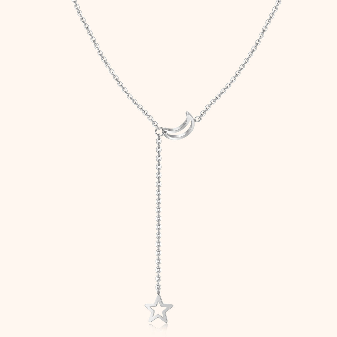 Silberne Halskette mit Mond- und Sternanhänger, Damen Schmuck, elegantes Design