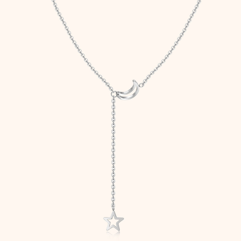 Silberne Halskette mit Mond- und Sternanhänger, Damen Schmuck, elegantes Design
