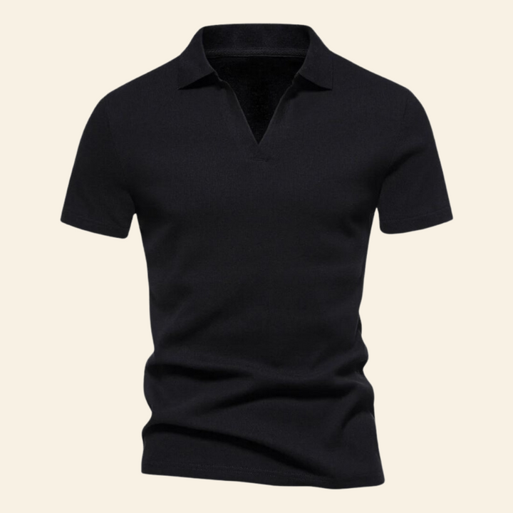 Schwarzes Herren-Poloshirt aus Baumwolle, kurzärmelig, klassischer Kragen, Freizeitmode.
