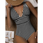 Trendige Damen Badeanzug mit V-Ausschnitt und Streifenmuster – Lina