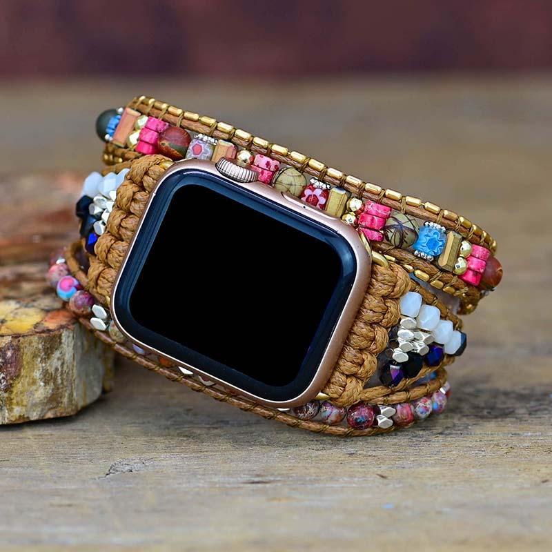 Apple Watch Armband aus Naturstein, Boho-Stil, vegan, Wachsschnur, mehrfarbig, handgefertigt.