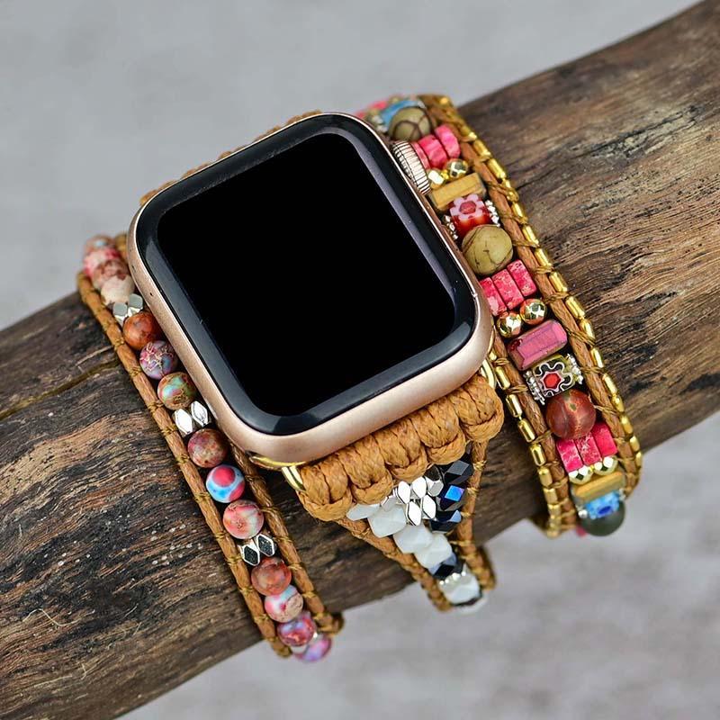 Apple Watch mit veganem Natursteinarmband, Boho-Stil, Wachsschnur, mehrfarbig, handgefertigt.