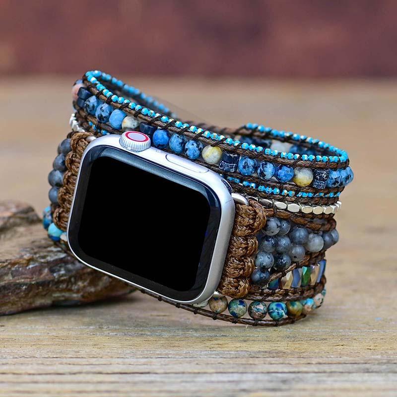 Apple Watch Armband, Naturstein, Boho-Stil, blau-braun, Wickelarmband, handgefertigt.