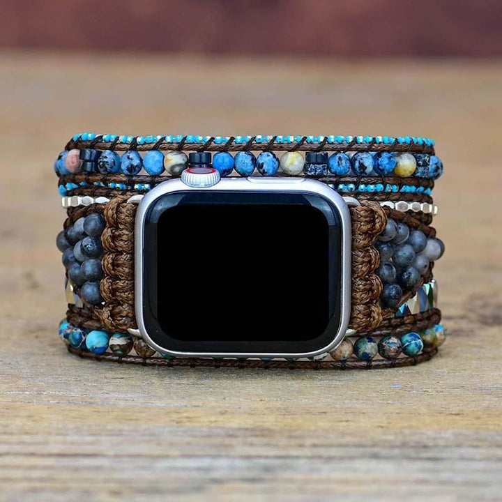Apple Watch Armband, Naturstein, Boho-Stil, Wachsschnur, Kaiserstein, 5-fach Wickelarmband