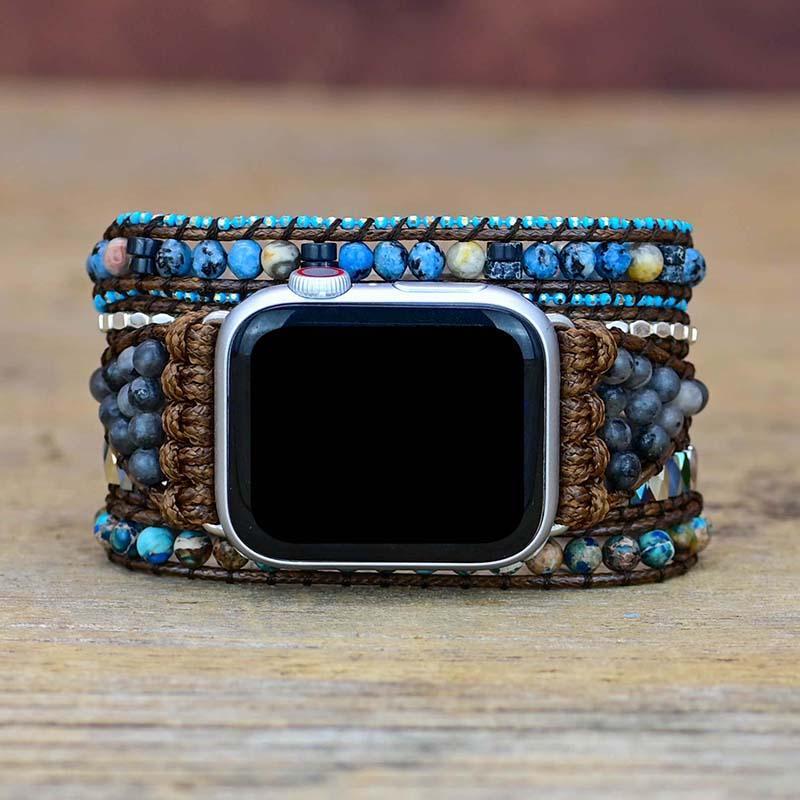 Apple Watch Armband, Naturstein, Boho-Stil, Wachsschnur, Kaiserstein, 5-fach Wickelarmband