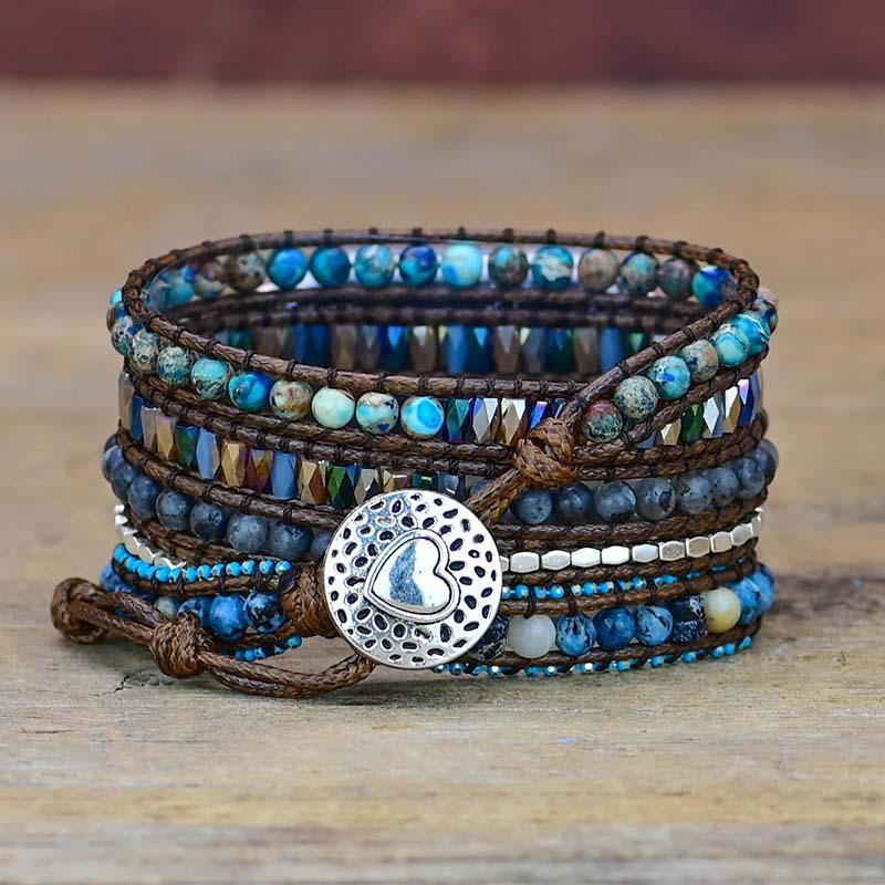 Apple Watch Armband aus Naturstein, Boho-Stil, blau-braun, Wickelarmband, handgefertigt.