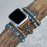 Apple Watch Armband aus Naturstein, Boho-Stil, Wachsschnur, 5-fach Wickelarmband, bunt.