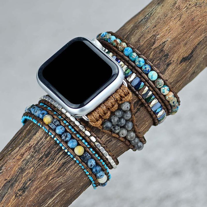 Apple Watch Armband aus Naturstein, Boho-Stil, Wachsschnur, 5-fach Wickelarmband, bunt.
