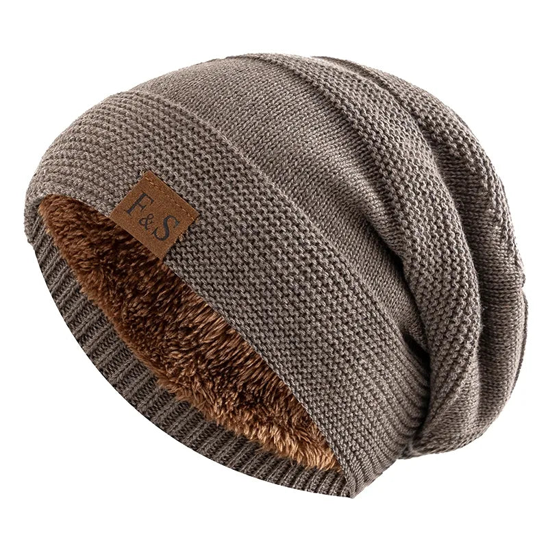 Unisex Slouchy Wintermütze, braun, Strick, mit Fellfutter, warm, Beanie, für Männer und Frauen.