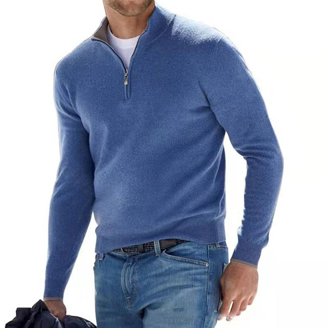 Blauer Herren-Pullover mit Reißverschluss, langärmelig, aus Baumwolle, lässig, modisch.