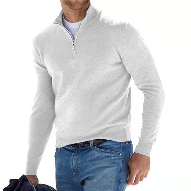 Weißer Herren-Pullover mit Reißverschluss, langärmelig, aus Baumwolle, lässig, modisch.