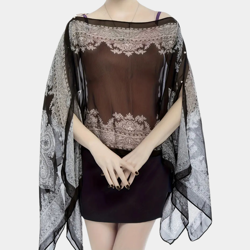 Schwarze transparente Damenbluse mit Spitzenmuster, elegantes Design, modische Oberbekleidung.