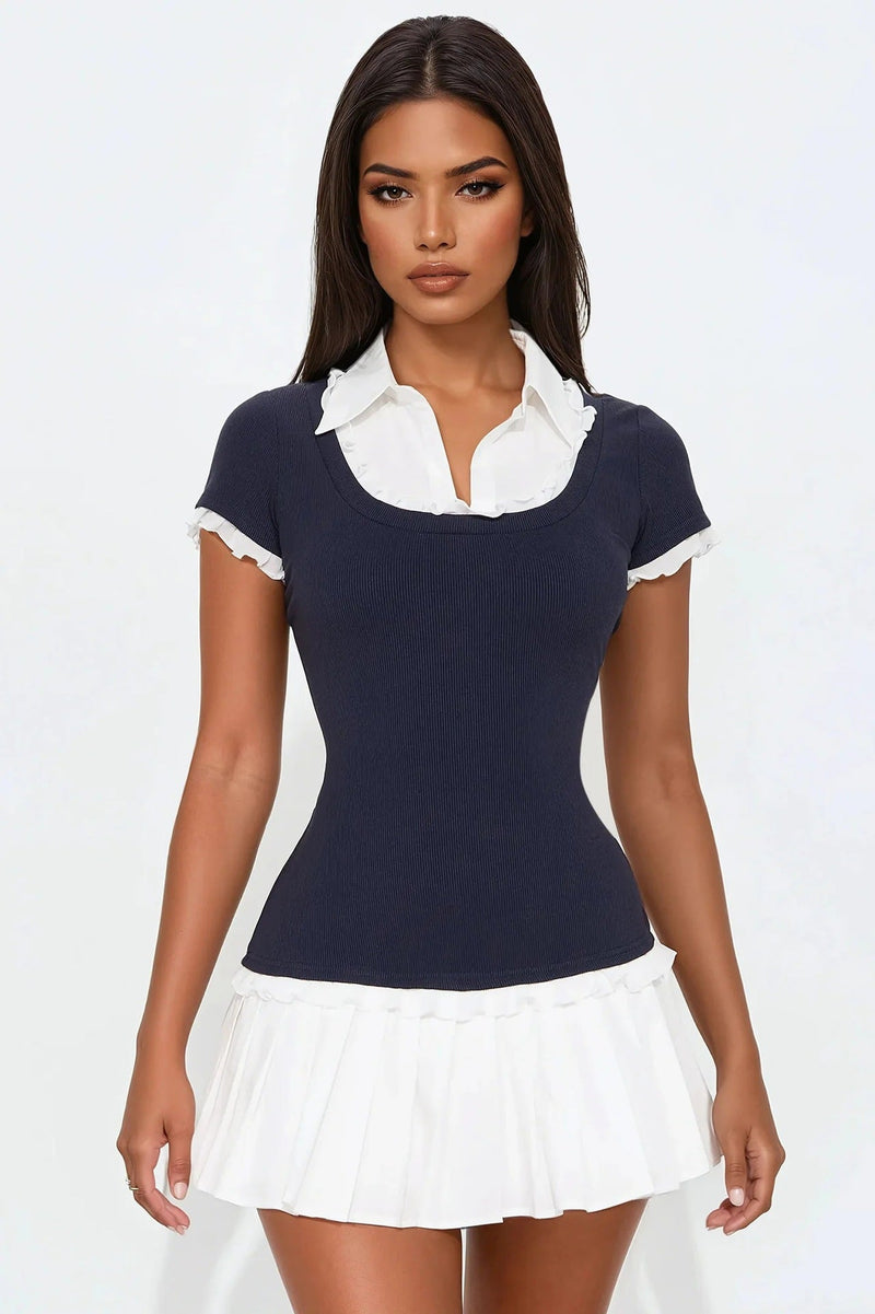 Trendi őszi miniruha fodros díszítéssel és testhezálló szabással – Nia