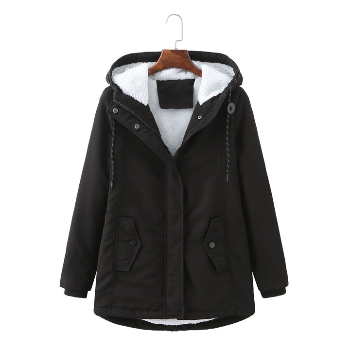Schwarze Winterjacke mit Kapuze, Fleece-Innenfutter, Damenmode, warm, stilvoll, Outdoor-Bekleidung.