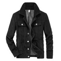 Schwarze Cordjacke für Herren, Knopfleiste, Herbstmode, lässiger Stil, warmes Innenfutter.