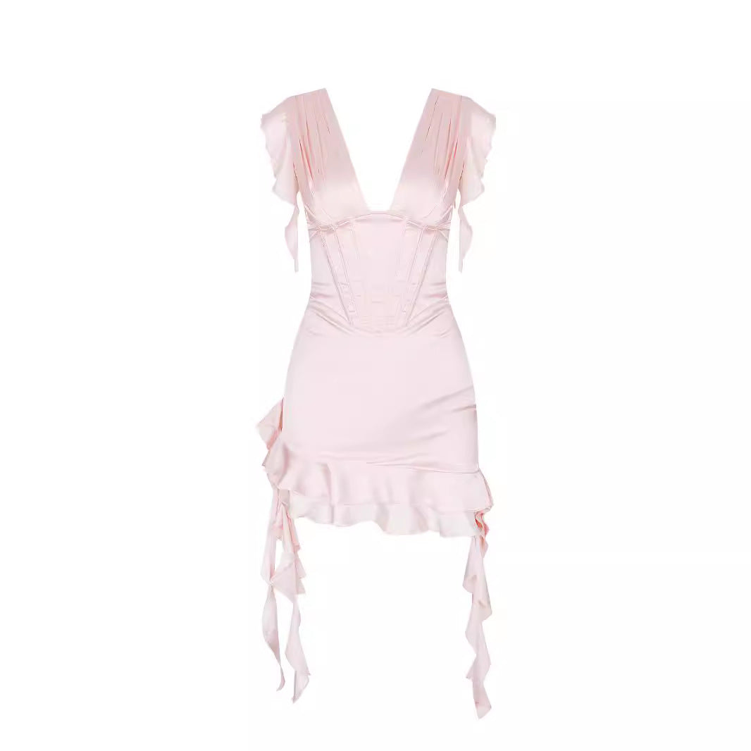 Asymmetrisches Rüschenkleid mit V-Ausschnitt & Figurbetonung – Elira