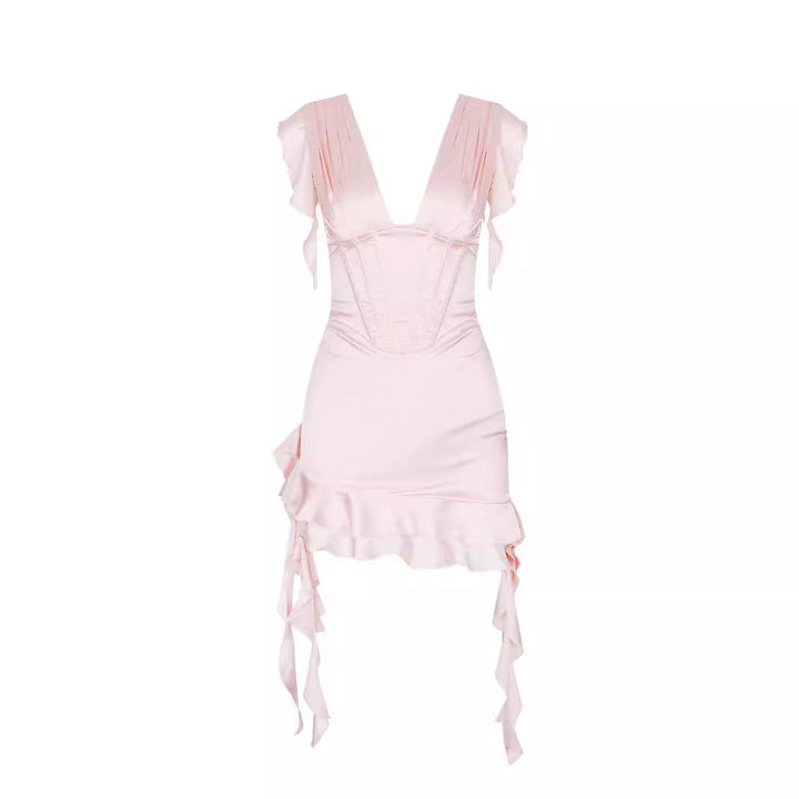 Asymmetrisches Rüschenkleid mit V-Ausschnitt & Figurbetonung – Elira