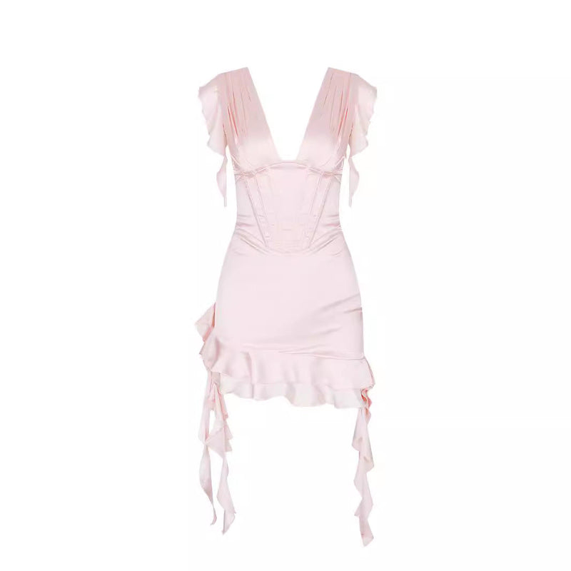 Asymmetrisches Rüschenkleid mit V-Ausschnitt & Figurbetonung – Elira